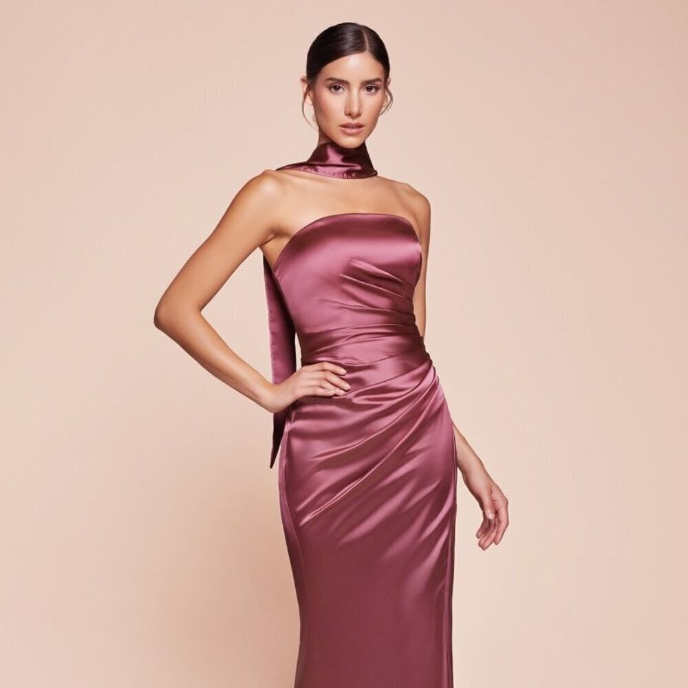 New Formal Strapless Sheath Satin Dress W/ Straight Across Neck & Sash 7451